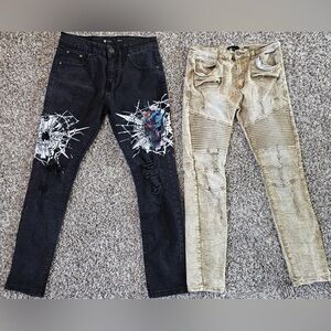 2 Pairs Of Waimea Mens 32x29 Skinny Fit Jeans ~ Black Skull Pants & Beige Pants